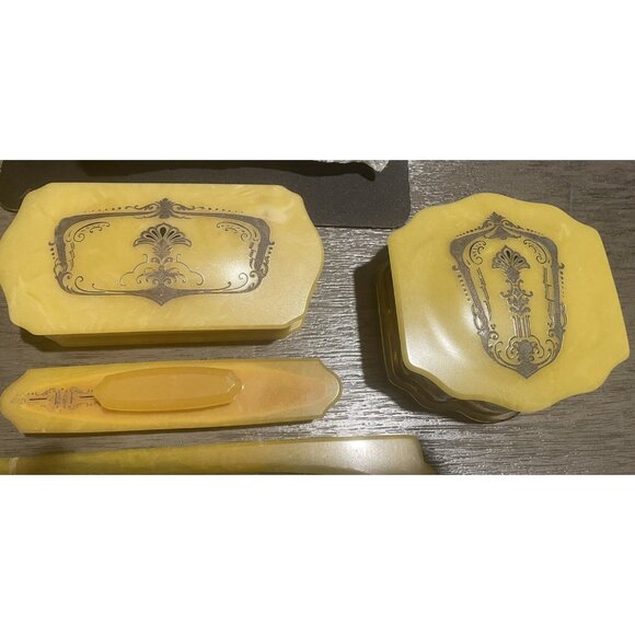 Vintage Yellow Celluloid Vanity Dresser Set With Mirror Brush Comb Nail Tools Po - Picture 6 of 12